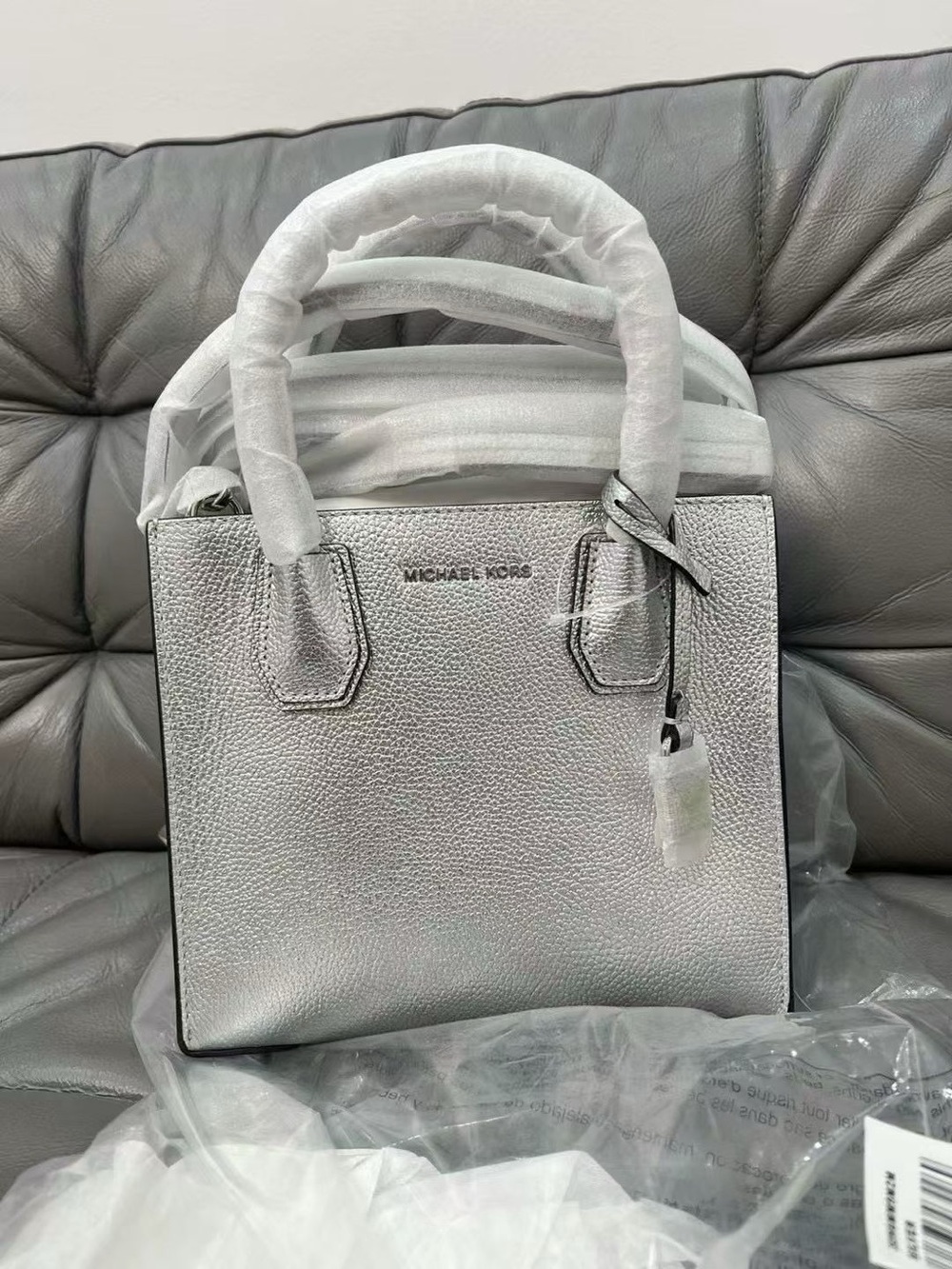Michael Kors Metallic Silver Leather Satchel Mercer bag
